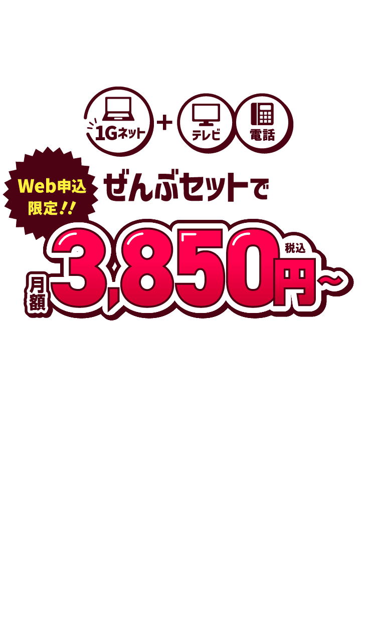 Web申込限定！！1Gネット+テレビ、電話がぜんぶセットで　月額3,850円（税込）～