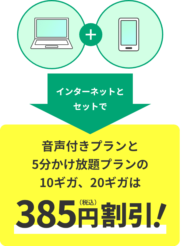 インターネットとセットで音声付きプランと5分かけ放題プランの10ギガ、20ギガは385円（税込み）割引！
